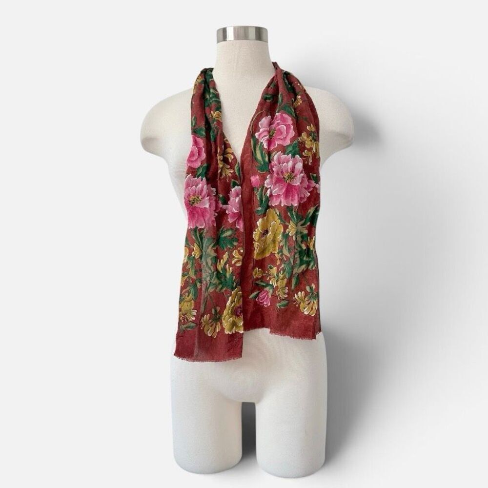Vintage Oscar De La Renta Watercolor Scarf Floral Green Burgundy Berry Art